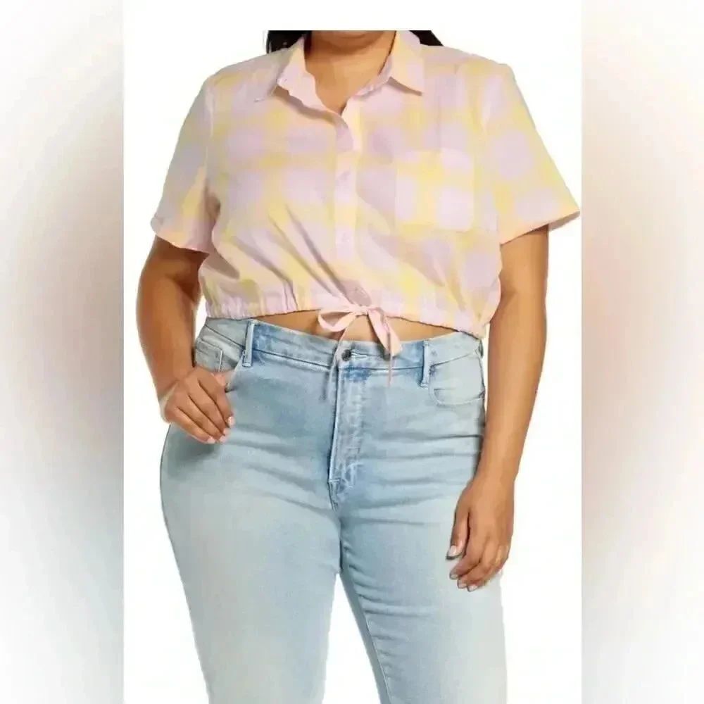 BP Window Pane Crop Boxy Pink Yellow Button-Up Shirt SZ 1X